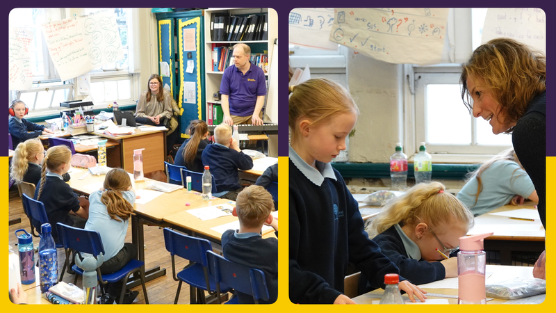 Two classroom scenes: on the left, an adult uses Sound Links while addressing seated students; on the right, an adult assists a student working at a desk, continuing the story so far.