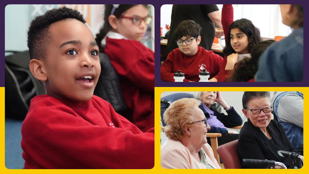 Collage of children in red uniforms sitting in a classroom and adults smiling and talking, highlighting the story so far and the impact of Sound Links within the community.