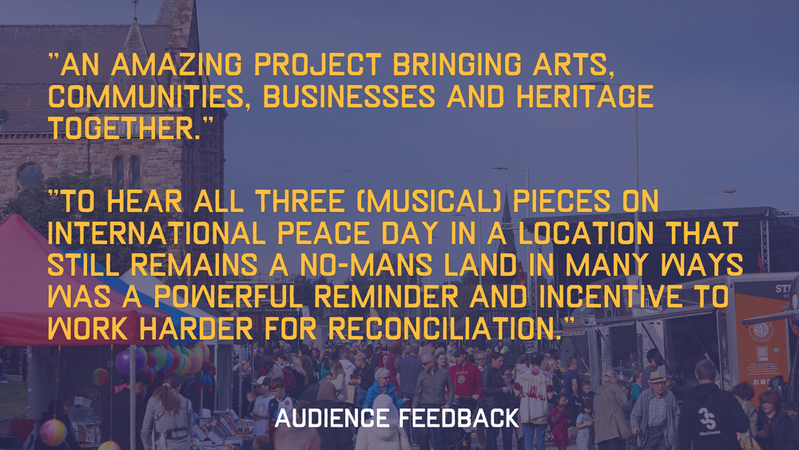 Yellow text over a photo of Townsend Streetโs lively market with people and tents, sharing audience feedback about the Sound Links arts project and its impact on reconciliation.