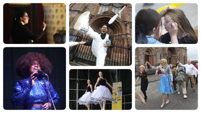 A collage of people on Townsend Street participating in various performing arts activities including conducting, singing, juggling, ballet, face painting, and group dancing as part of Sound Links.