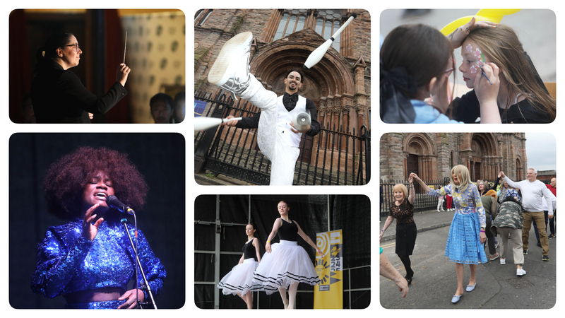 A collage of people on Townsend Street participating in various performing arts activities including conducting, singing, juggling, ballet, face painting, and group dancing as part of Sound Links.