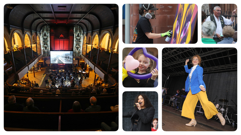 A collage celebrates Townsend Street with Sound Linksโa concert in a church, street art, a balloon artist, a singer, a man in traditional attire, and a woman dancing on stage.