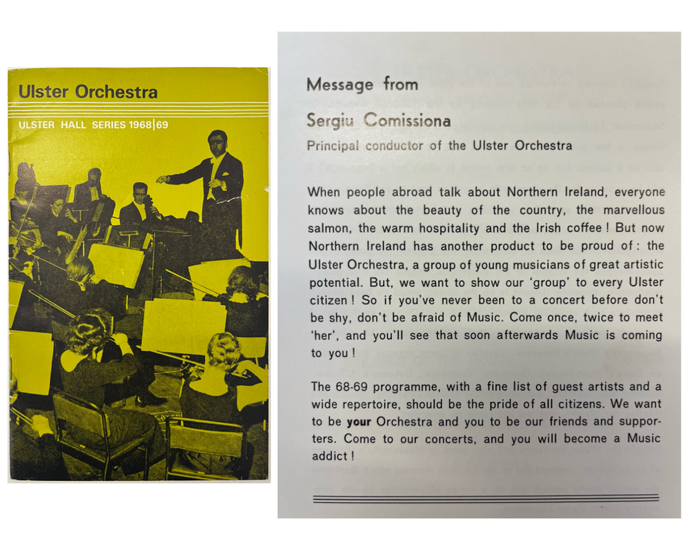 Ulster Orchestra 1968/69 program: left side shows a yellow-tinted photo of the orchestra performing; right side offers a welcoming message from Principal Conductor Sergiu Comissiona, capturing the spirit of UO Playback in 1969.