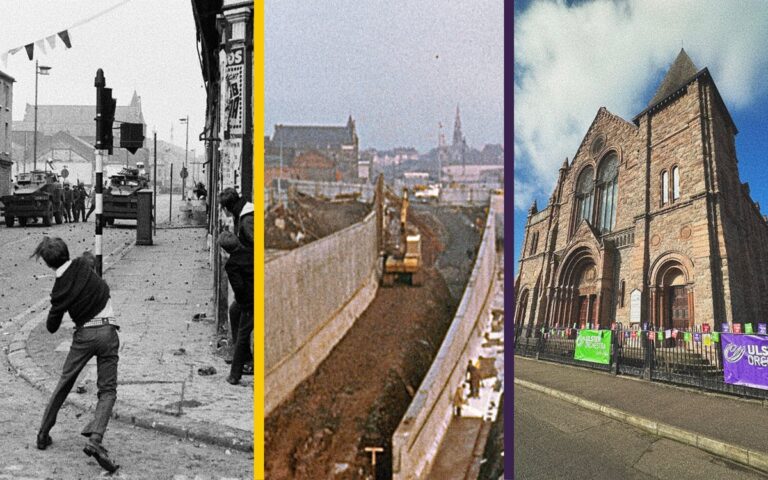 A triptych showing: a street protest with a person throwing an object, a construction site with a barrier wall, and a large stone building with colorful banners—capturing the story so far in vivid scenes.