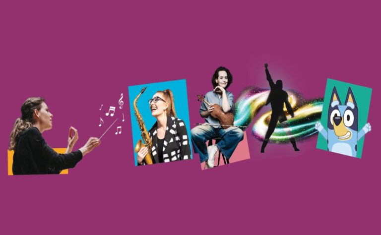 Collage of a conductor, a woman playing saxophone, a woman with a guitar, a silhouette with an arm raised, and an animated blue dog character on a purple background.