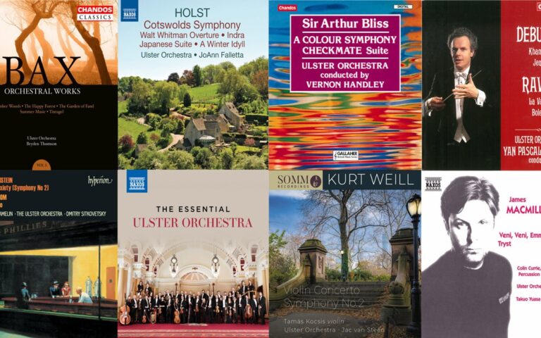 A collage of classical music album covers featuring various composers, the Ulster Orchestra, and renowned conductors, highlighting diverse artwork and text styles from acclaimed recordings available on Spotify.