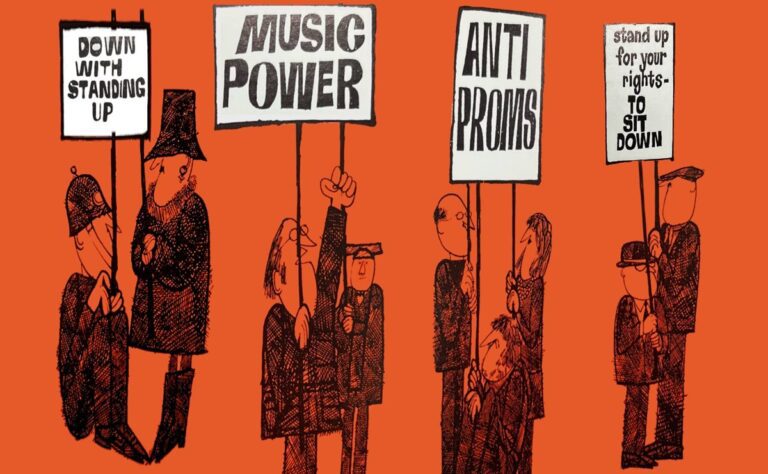 Cartoon figures hold protest signs with phrases like “DOWN WITH STANDING UP,” “MUSIC POWER,” “ANTI PROMS,” and “stand up for your rights—to SIT DOWN” on an orange background, capturing the rebellious spirit of 1969 and UO Playback.