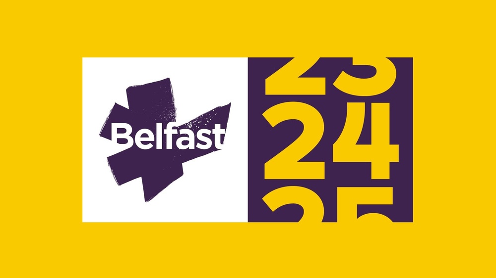 A graphic with "Belfast" on a purple abstract shape next to large yellow numbers "23 24 25" on a purple background, all set against a yellow backdrop.