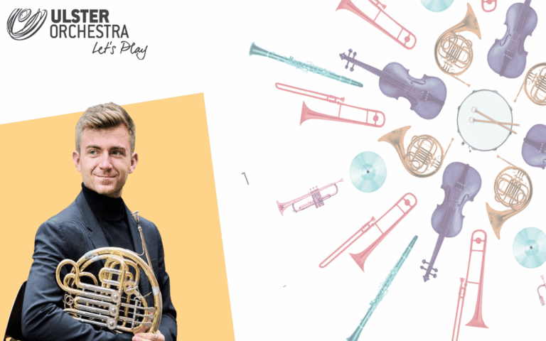 A man in a black suit holds a French horn. The Ulster Orchestra logo is at the top left. Colorful musical instrument illustrations form a circular pattern on the right.