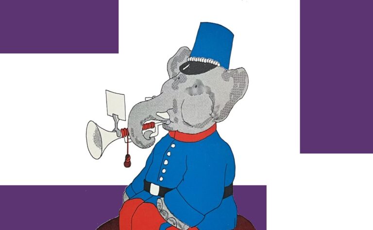 An illustration of Babar, the elephant, in a blue uniform and hat, sitting on a stool and playing a trumpet with his trunk—reminiscent of a whimsical 1971 Belfast parade.