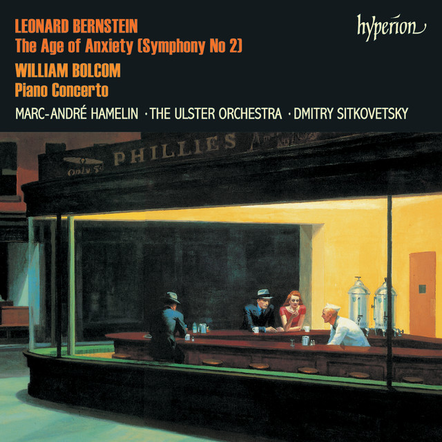 Album cover showing Edward Hopperโs โNighthawksโ painting with four people in a late-night diner, and text listing composers Bernstein and Bolcom, performers, and the Hyperion label.