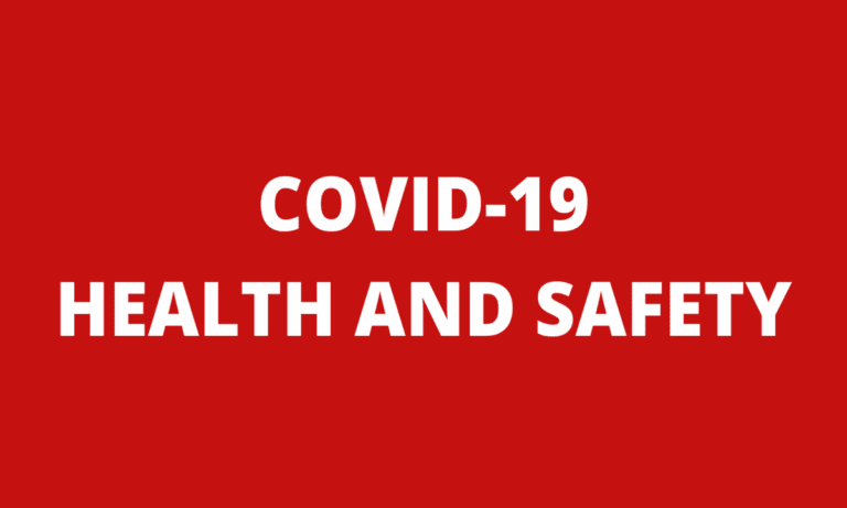 White text on a red background reads "COVID-19 HEALTH AND SAFETY," emphasizing important health and safety guidance.