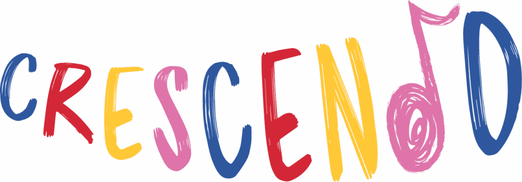 The word "crescendo" is written in colorful, playful letters, with the letter "D" stylized as a pink musical note.