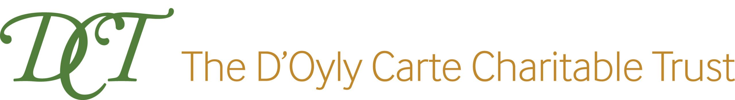 Logo for The D'Oyly Carte Charitable Trust with the initials "DCT" in green script and the full name in gold sans-serif text on a white background.