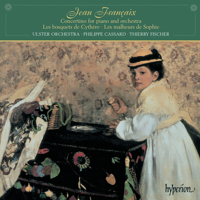 A young girl in a white dress stands beside a table with a floral tablecloth, holding a small object, with painting details visible in the background. Text about Jean Franรงaixโs music overlays the image.