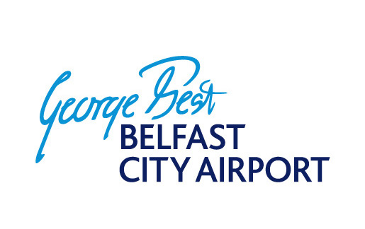 Logo for George Best Belfast City Airport, featuring blue cursive and bold text on a white background.