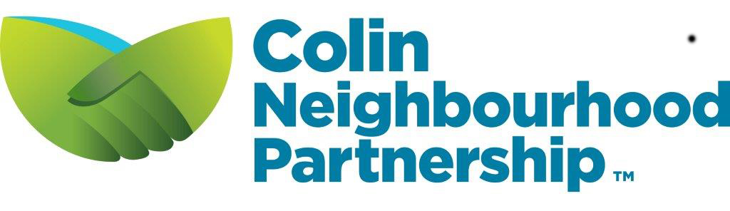 Colin Neighbourhood Partnership logo featuring two green stylized hands shaking and blue text on a white background.