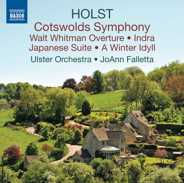 Cover image of Holstโs "Cotswolds Symphony" album, showing a rural landscape with stone cottages, green fields, and trees under a blue sky. Text lists works and performers.