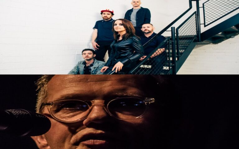 A group of five people sits on a stairwell in a line-up, while below, a close-up shows a man wearing glasses speaking into a microphone at the announced St. Patrick's Pops event.