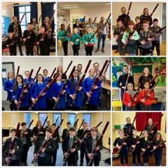 Collage of nine groups of children and adults indoors, each group holding bassoons and posing for the camera as part of collaborative projects.