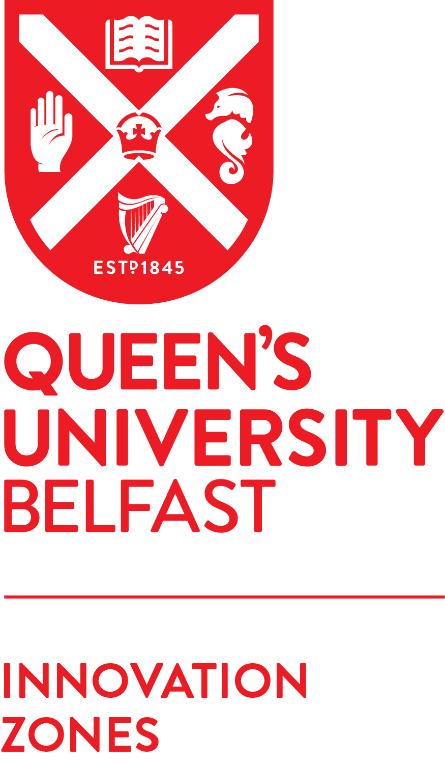 Logo of Queenโs University Belfast featuring the university crest above the text "Queenโs University Belfast Innovation Zones" in red on a white background.