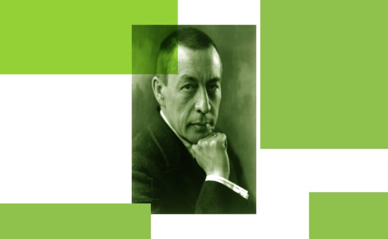 A black-and-white portrait of a serious man resting his chin on his hand, overlaid with green geometric shapes, evokes the intensity of Rachmaninoff's Second Symphony—a true love letter in sound.