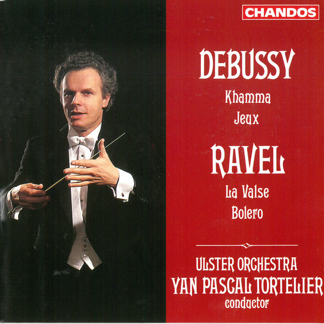 A man in formal attire conducts with a baton beside red text listing Debussy and Ravel works, the Ulster Orchestra, and conductor Yan Pascal Tortelier.