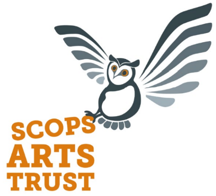 Logo featuring a stylized owl with outstretched wings and the words "SCOPS ARTS TRUST" in bold orange letters on the left.