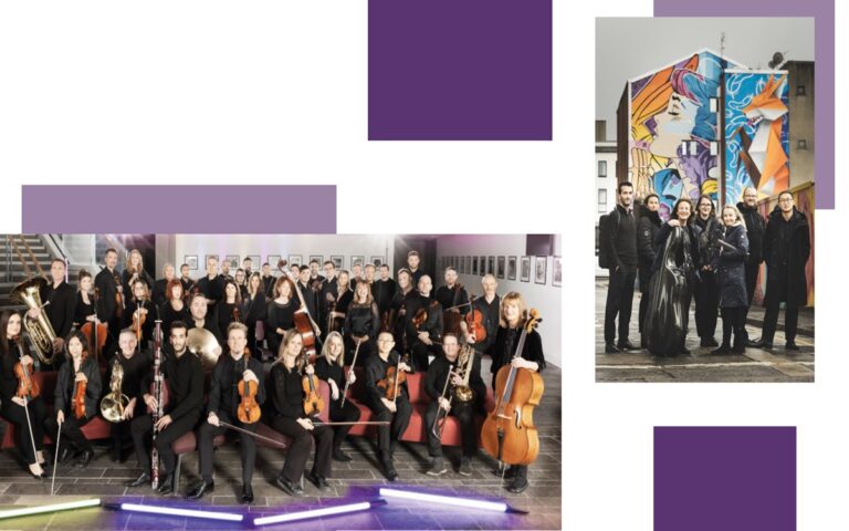 A large orchestra poses with instruments indoors, capturing the spirit of the 2024 Concert Season. Next to it, a smaller group stands outside in front of a vibrant, colorful mural.
