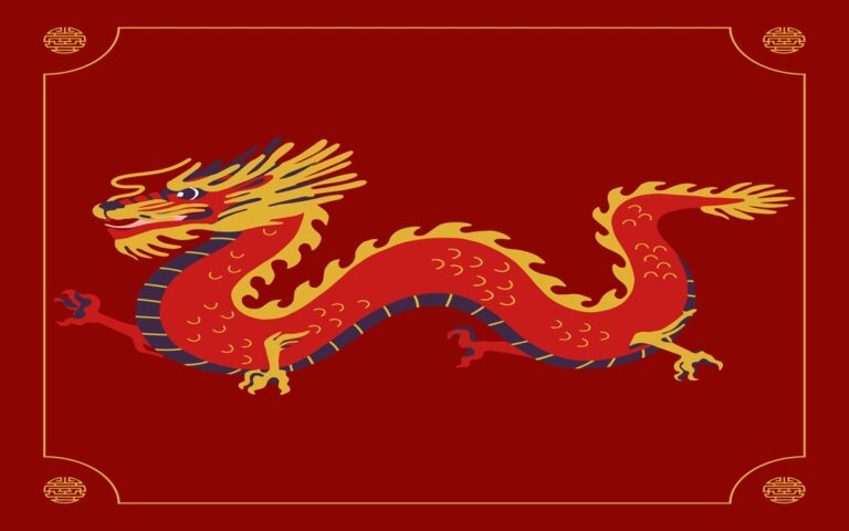 A stylized red and gold dragon is depicted on a dark red background with decorative yellow borders and corner motifs, capturing the festive spirit of the 2024 Lunar New Year.