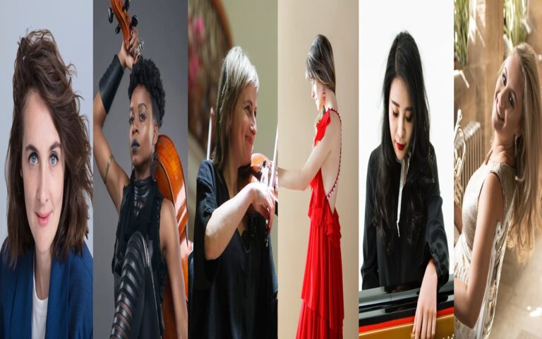 Six women musicians, each posing with their instruments—including cello, violin, and piano—are featured in striking portrait-style photos arranged side by side, celebrating women for International Women's Day.