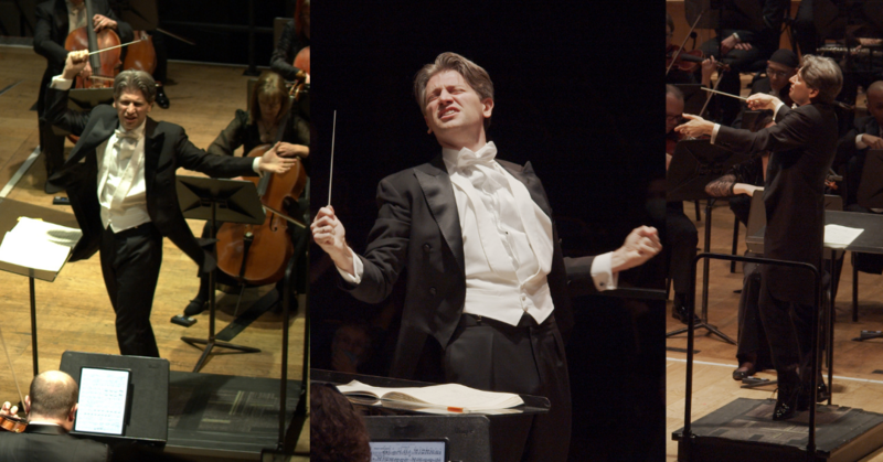 A male orchestra conductor in formal attire leads musicians, captured in three different conducting poses on stage.