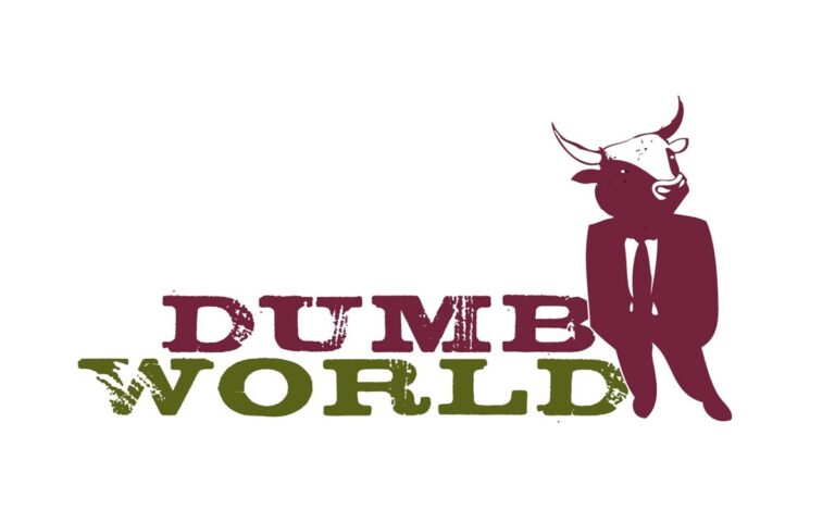 Logo with the words "DUMB WORLD" in distressed font, featuring a suited human figure with a bull's head replacing the letter "O" in "WORLD.