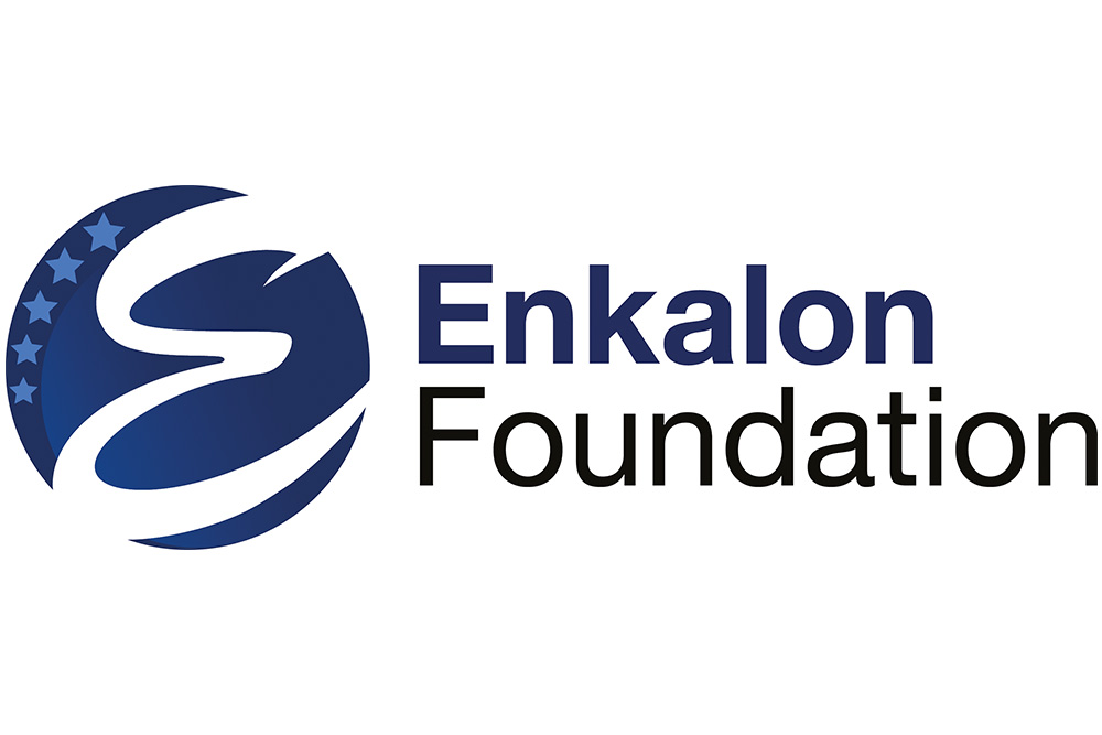 Logo of Enkalon Foundation featuring a stylized blue globe with five stars and โEnkalon Foundationโ written in blue and black text.