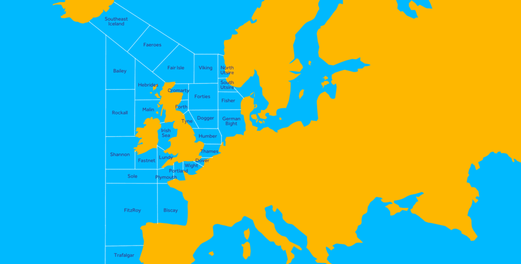 A map showing the 31 sea areas around the British Isles that are included in the Shipping Forecast.